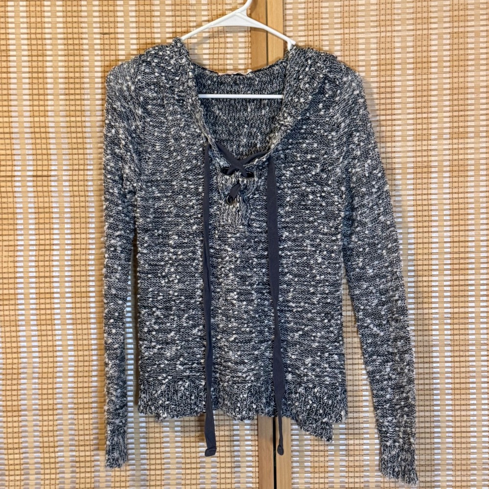 Rip Curl Womens XS Marled Knit‎ Lace Up Hoodie Sweater Charcoal Grey White Slub